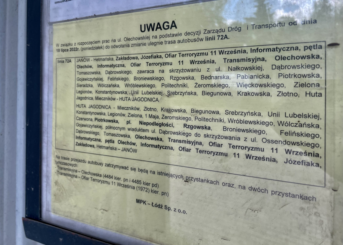 Od poniedziałku linia 72 jeździ objazdem. Autobus kursuje półtorej godziny w jedną stronę