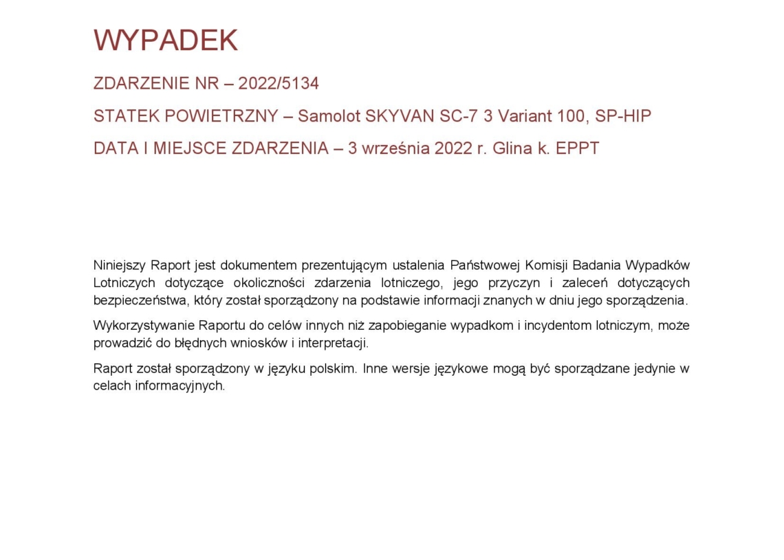 Wstępny raport dotyczący wypadku samolotu skyvan w Glinie pod Piotrkowem, który wydarzył się 3 września