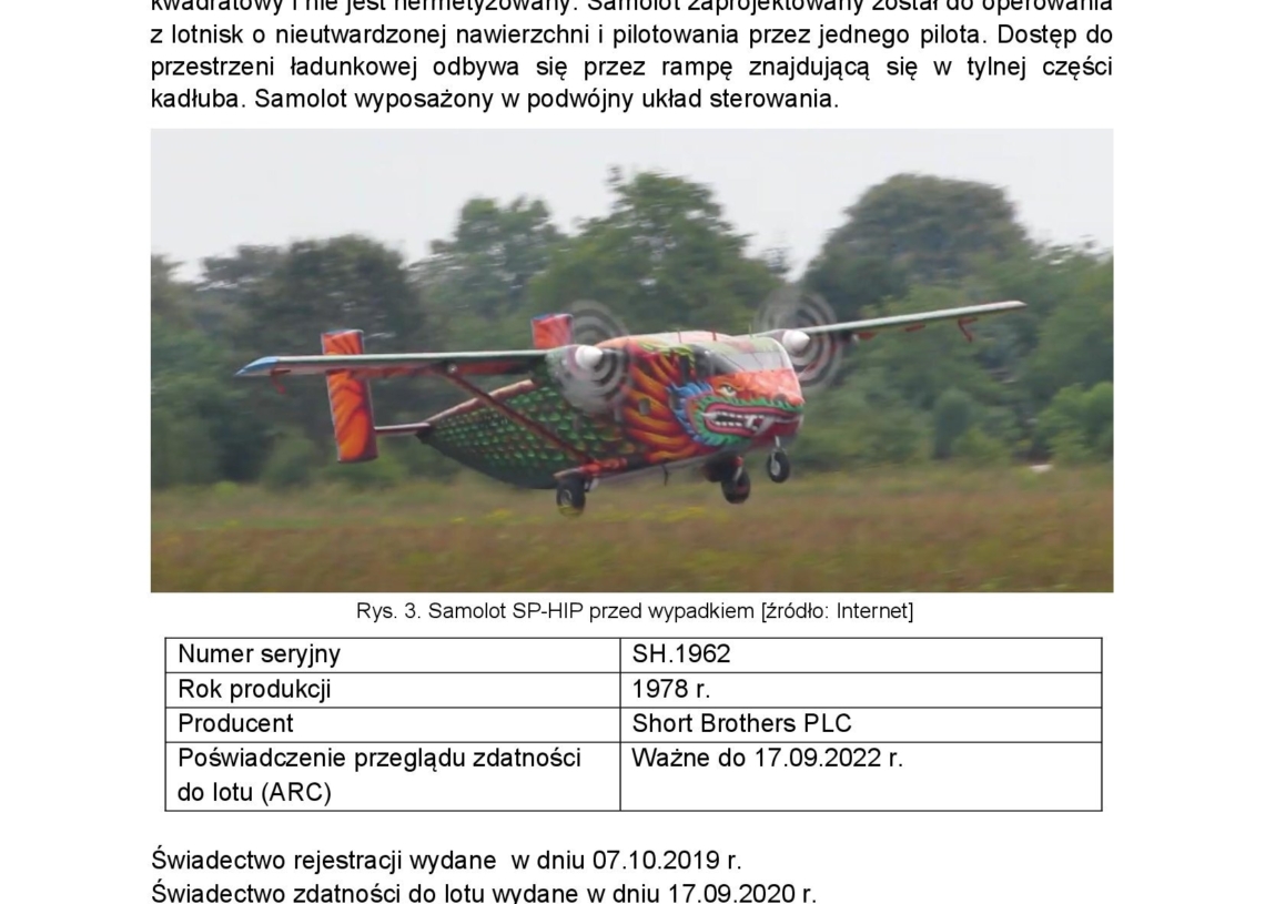 Wstępny raport dotyczący wypadku samolotu skyvan w Glinie pod Piotrkowem, który wydarzył się 3 września