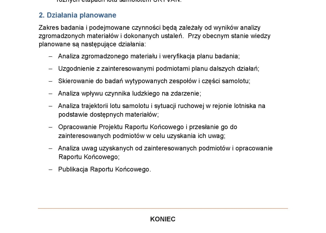 Wstępny raport dotyczący wypadku samolotu skyvan w Glinie pod Piotrkowem, który wydarzył się 3 września