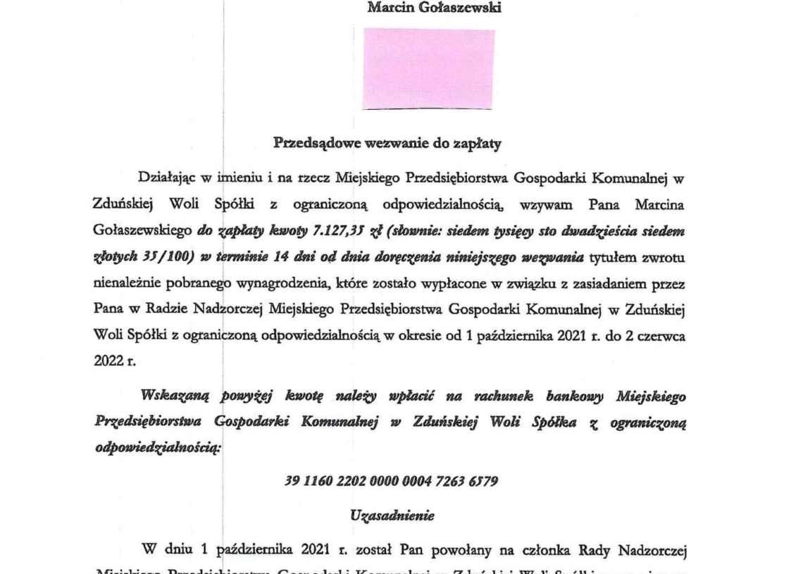 Zduńska Wola wzywa Marcina Gołaszewskiego do zapłaty