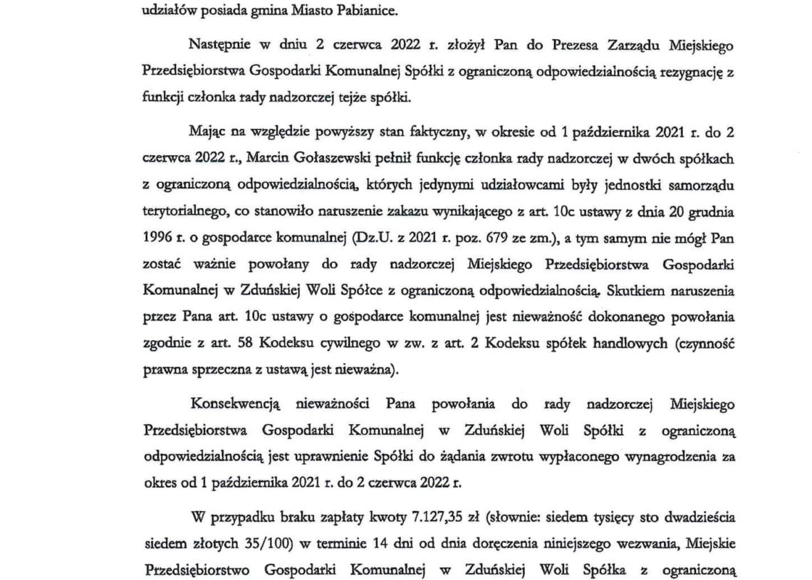 Zduńska Wola wzywa Marcina Gołaszewskiego do zapłaty