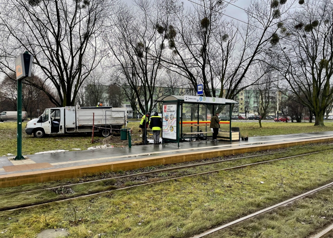 Zielone przystanki uzbrojone w skrzynki, trejaże i wiatę z dachem pokrytym rozchodnikami