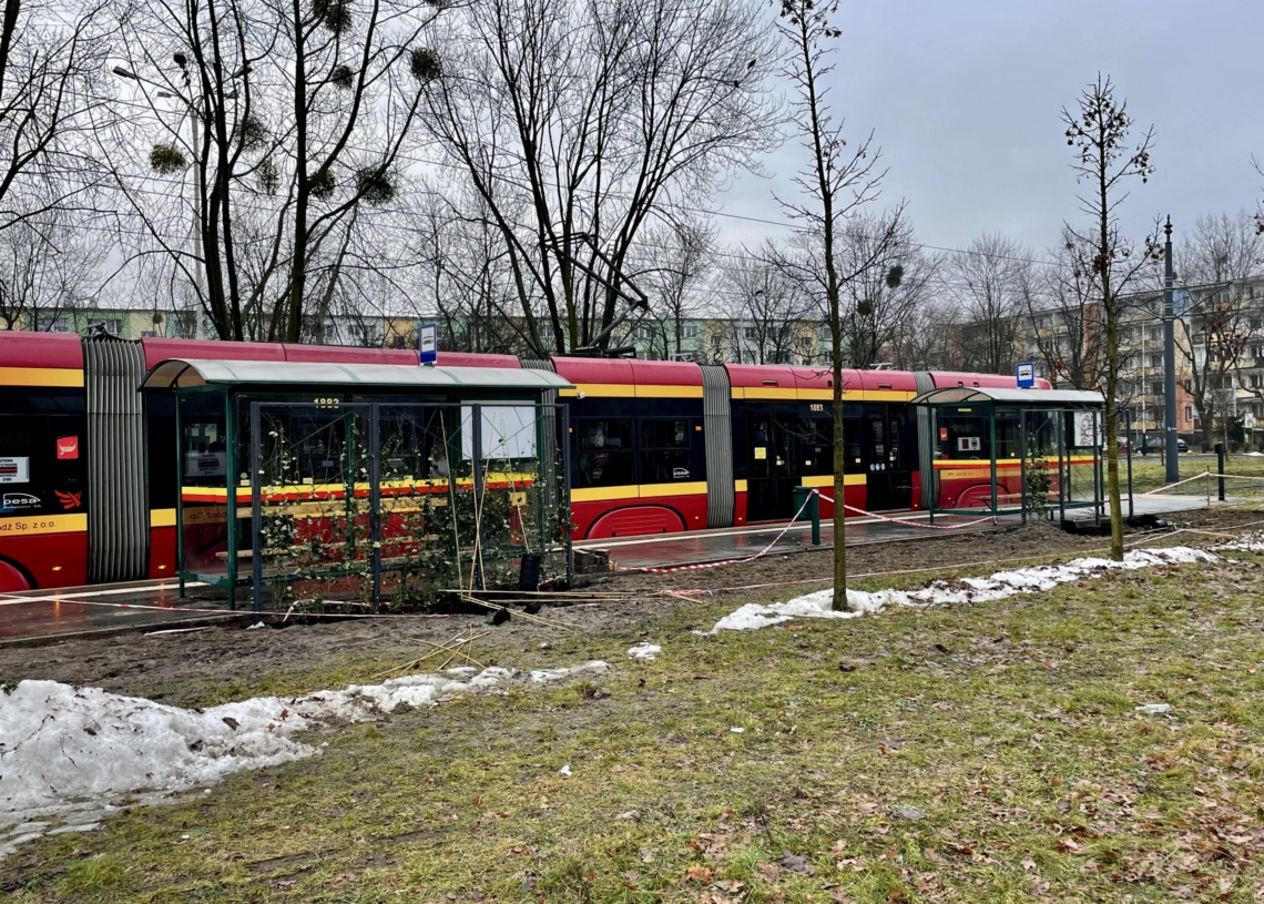 Zielone przystanki uzbrojone w skrzynki, trejaże i wiatę z dachem pokrytym rozchodnikami