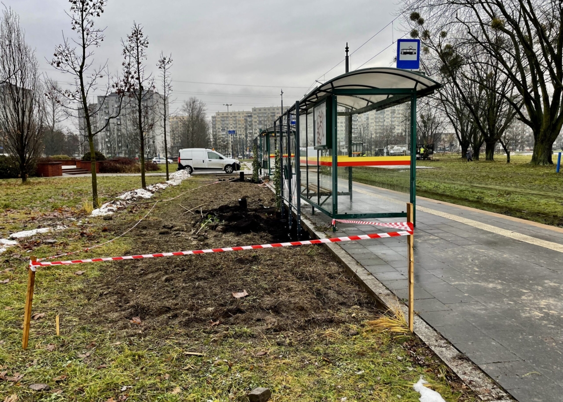 Zielone przystanki uzbrojone w skrzynki, trejaże i wiatę z dachem pokrytym rozchodnikami