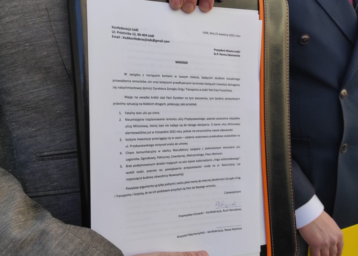 Klub Konfederacji w Łodzi oczekuje zdymisjonowania dyrekcji Zarządu Dróg i Transportu