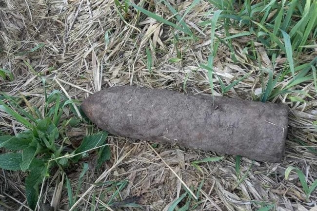Pocisk artyleryjski w Wyborowie. Pochodzi z czasów I wojny światowej 1 Pocisk artyleryjski w Wyborowie