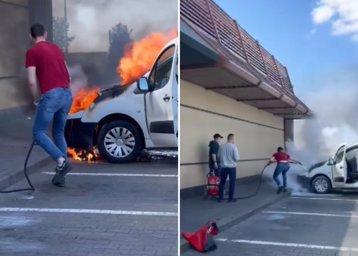 Pożar na parkingu przy A1. Wzorowa postawa strażaka z Łasku