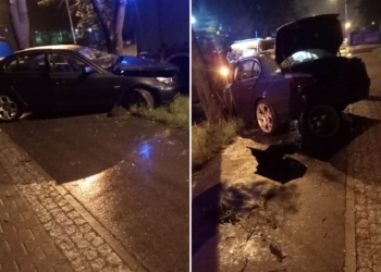 Wypadek na Siewnej. Rozbite BMW na drzewie