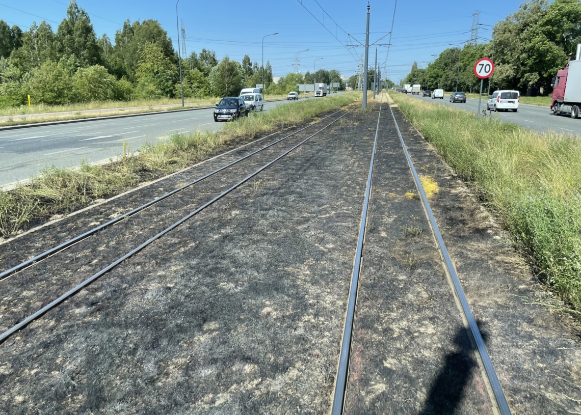 Pożar trawy przy torowisku na Rokicińskiej spowodował zatrzymanie ruchu tramwajów linii 9 i 10B