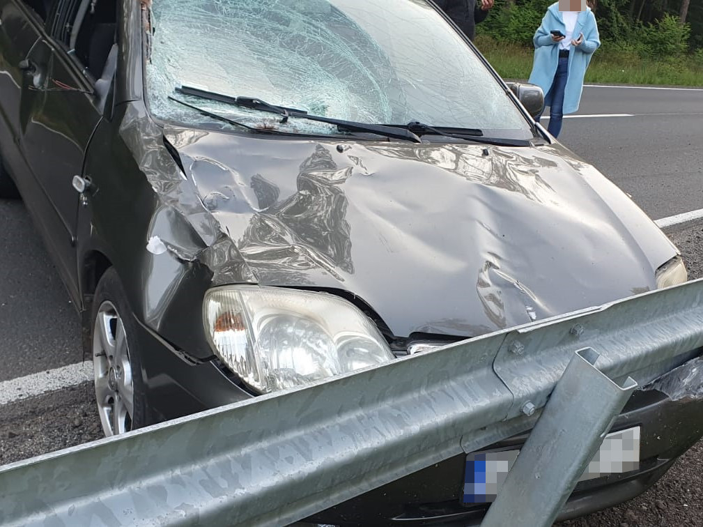 Rozbita toyota na DW473. Efekt zderzenia z jeleniem 1 Rozbita toyota na DW473 w Ulejowie
