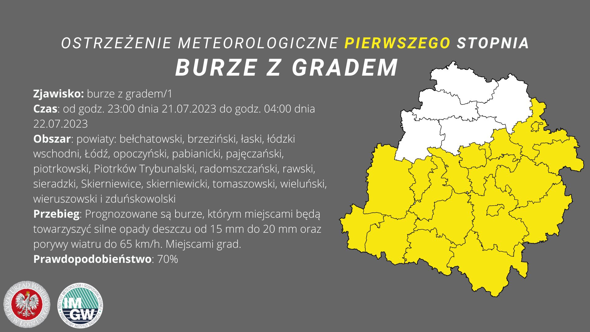 Uwaga! Burze z gradem w Łódzkiem 2 czk ostrzezenie 2107