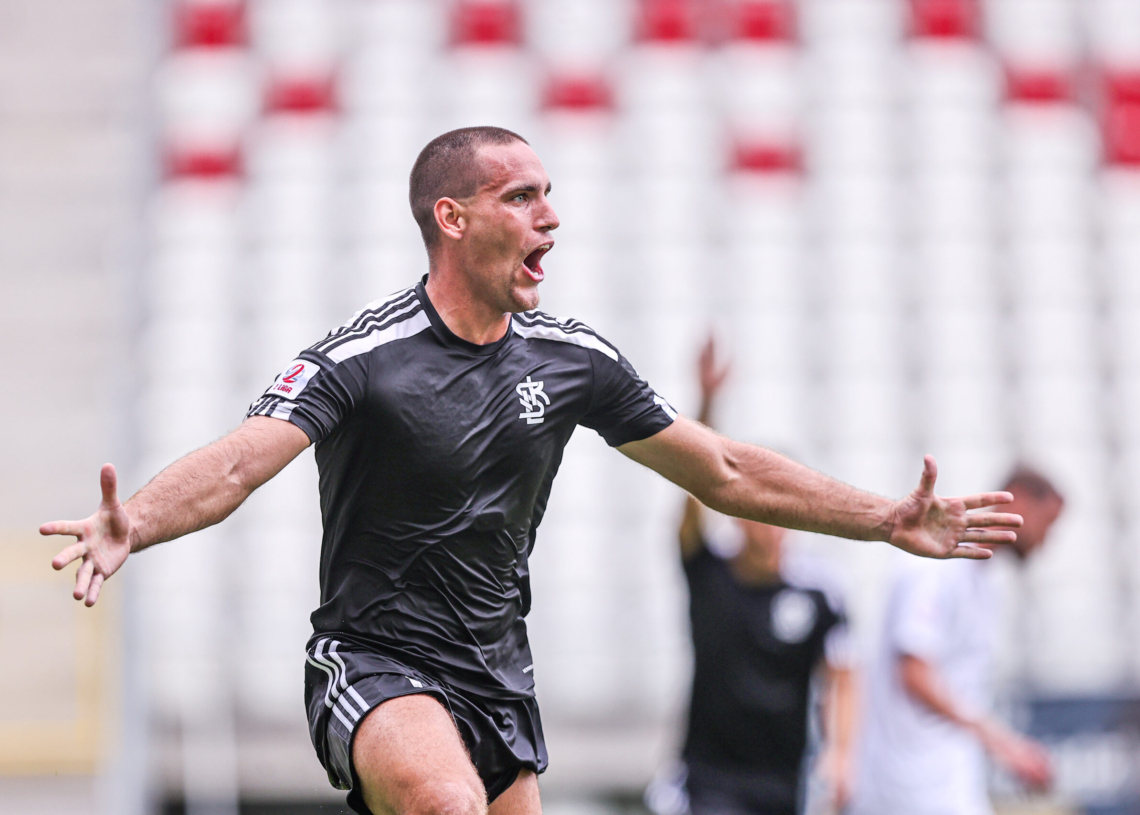 27.08.2023 LODZ, ALEJA UNI LUBELSKIEJ STADION WLADYSLAWA KROLA PILKA NOZNA, 2 LIGA PILKARSKA MECZ ( GAME ) LKS 2 II LODZ - KKS KALISZ NZ OSKAR KOPROWSKI RADOSC, BRAMKA GOL LKS, STRZAL FOTO LUKASZ GROCHALA/CYFRASPORT