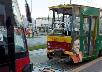 Zderzenie dwóch tramwajów na al. Piłsudskiego w Łodzi