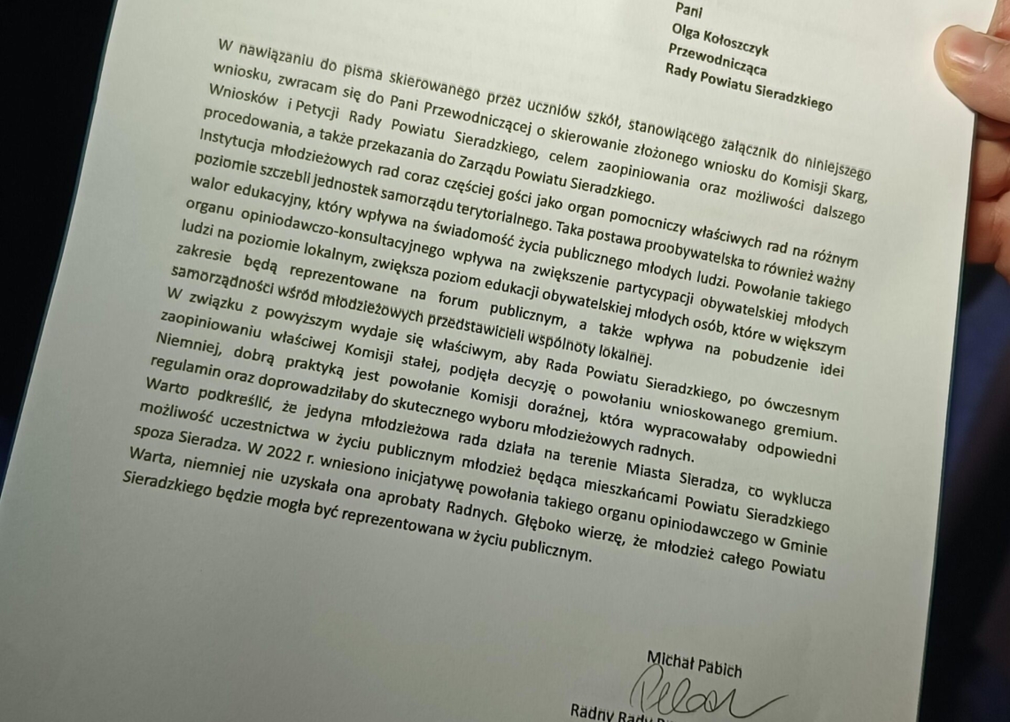 Wniosek o powołanie młodzieżowej rady powiatu sieradzkiego