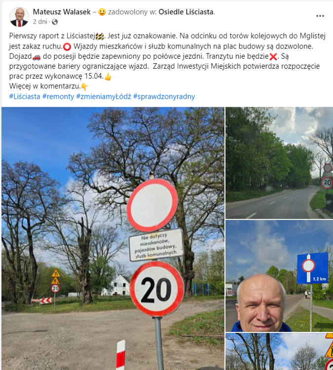 15 kwietnia miał się rozpocząć remont ul. Liściastej. Po drogowcach pozostały tylko znaki i przewrócone barierki