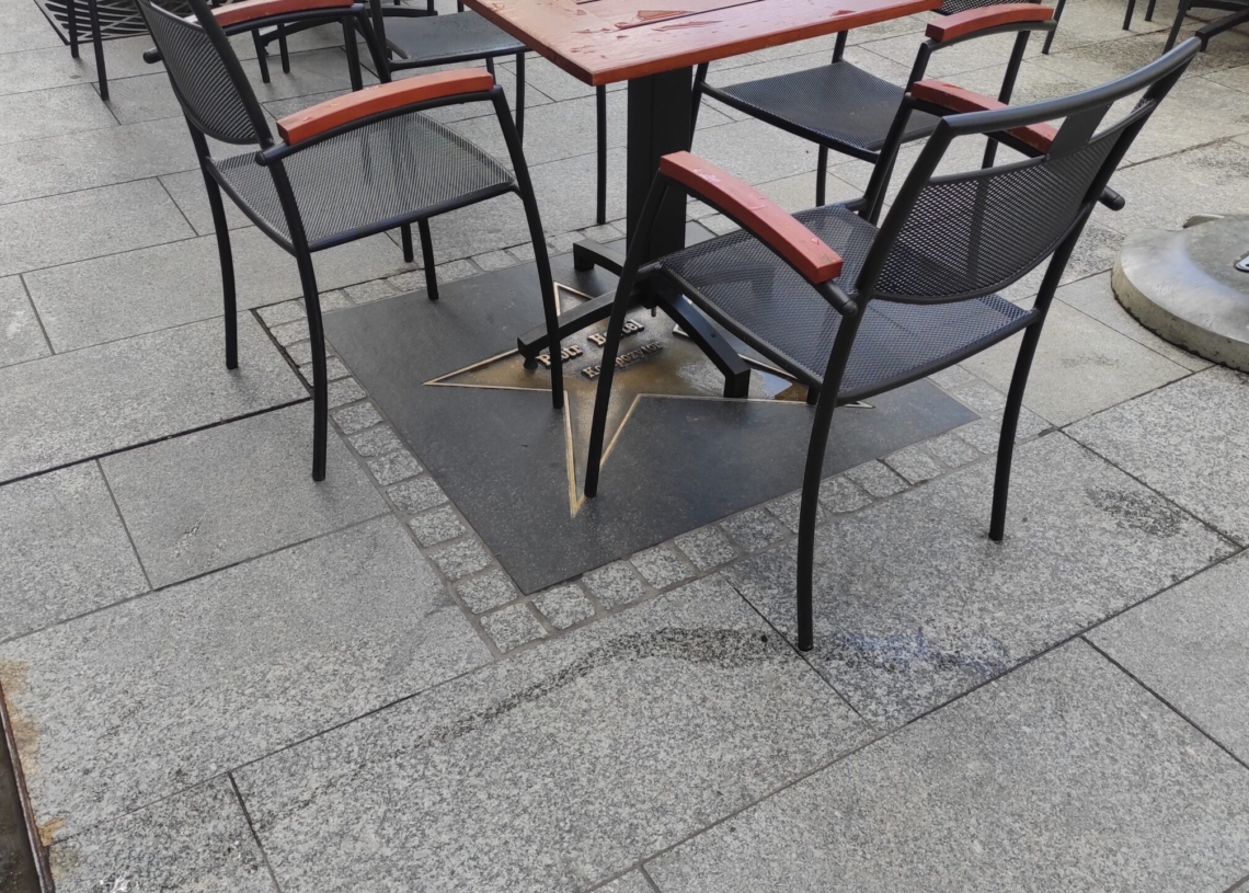 Łódzka Aleja Gwiazd zastawiona restauracyjnymi stolikami i krzesłami. Przewodnicy szukają sposobu na rozwiązanie problemu