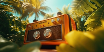 an orange radio with knobs and dials.