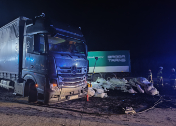 Utrudnienia na A1. Rozbite dwie ciężarówki, rozsypany ładunek na drodze