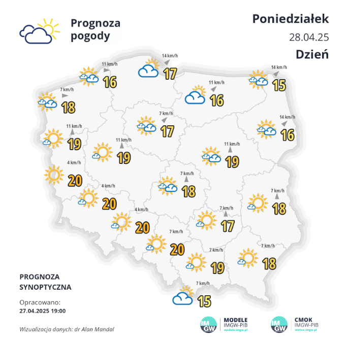Pogoda na poniedziałek. Sporo słońca i nawet do 19 stopni na termometrach 2 Zrzut ekranu 2025 04 27 191622