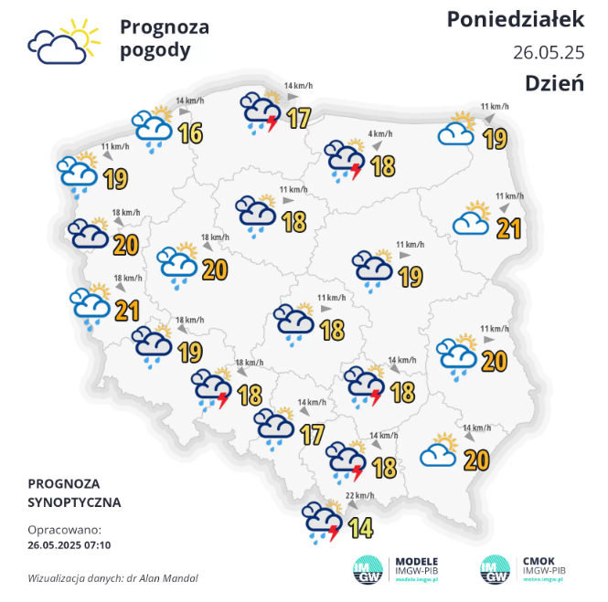Pogoda na poniedziałek. Może popadać i zagrzmieć
