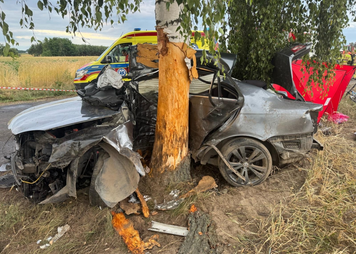 Śmiertelny wypadek w powiecie sieradzkim. Mężczyzna wjechał w drzewo, KP PSP w Sieradzu