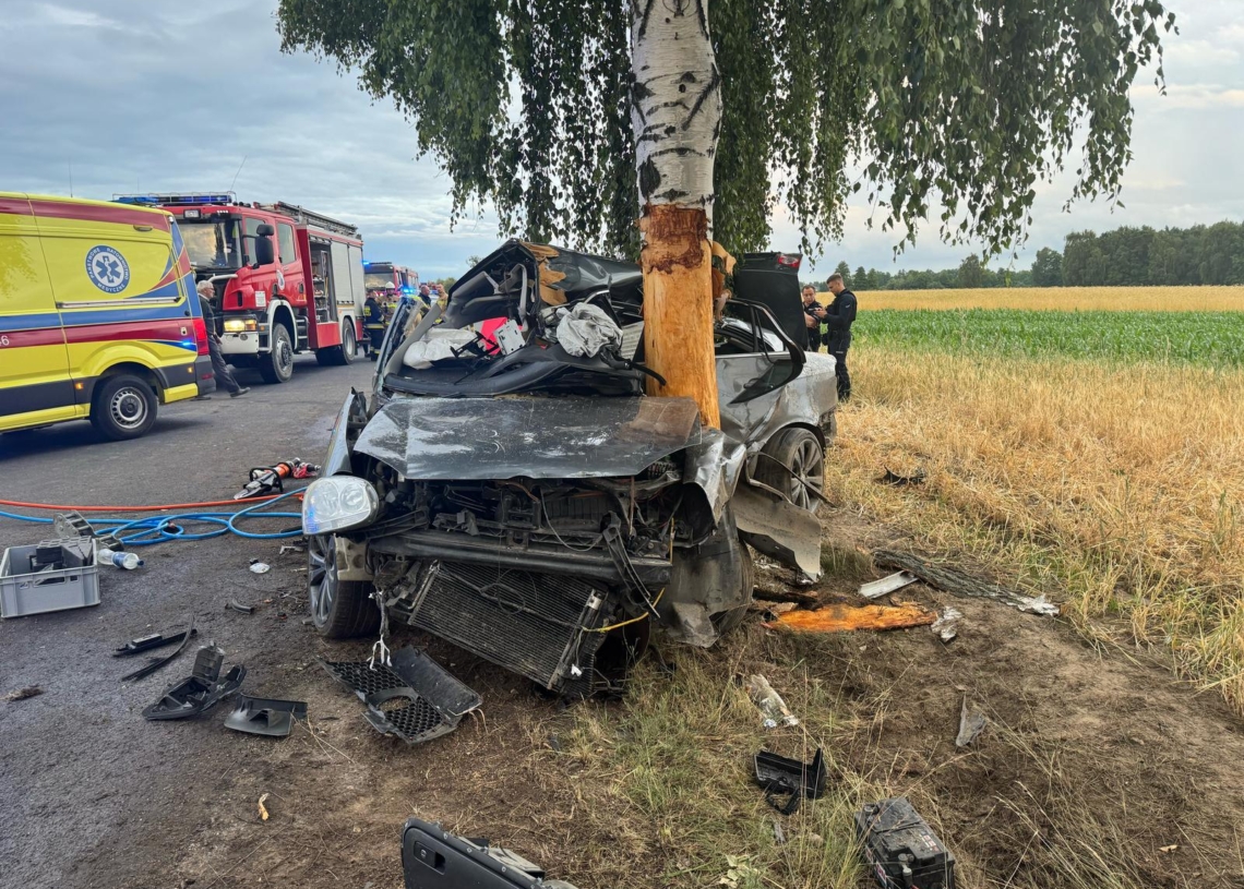 Śmiertelny wypadek w powiecie sieradzkim. Mężczyzna wjechał w drzewo, KP PSP w Sieradzu