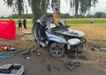 Śmiertelny wypadek w powiecie sieradzkim. Mężczyzna wjechał w drzewo, KP PSP w Sieradzu