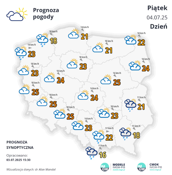 Pogoda na piątek. Ciepło, ale w nocy możliwe opady i burze