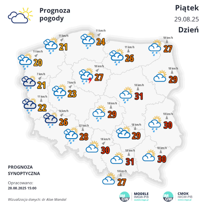Pogoda na piątek | Wciąż gorąco, ale możliwy przelotny deszcz i burze 1 Pogoda na piątek | Wciąż gorąco, ale możliwy przelotny deszcz i burze