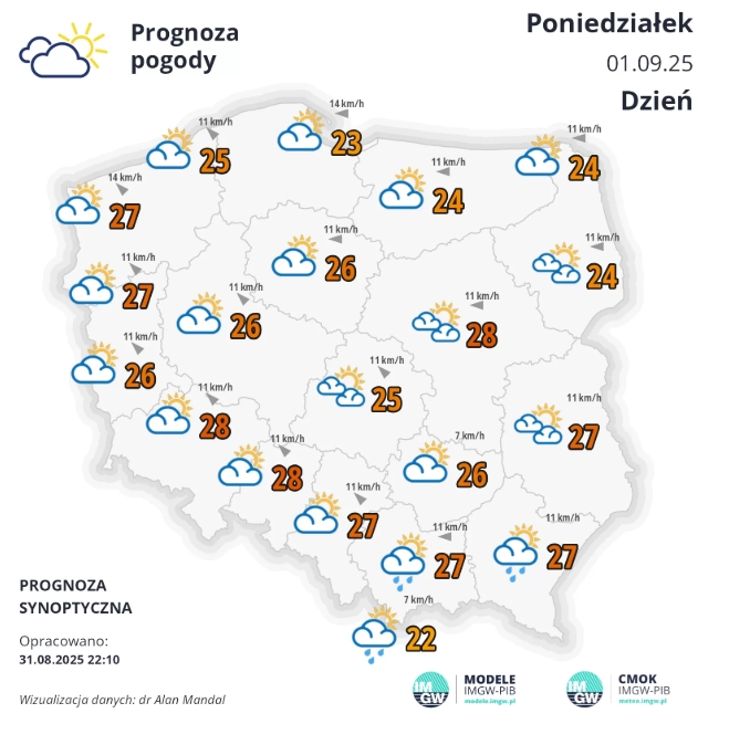 Pogoda na poniedziałek. Ciepły początek września 2 Zrzut ekranu 31 8 2025 22317 meteo.imgw .pl