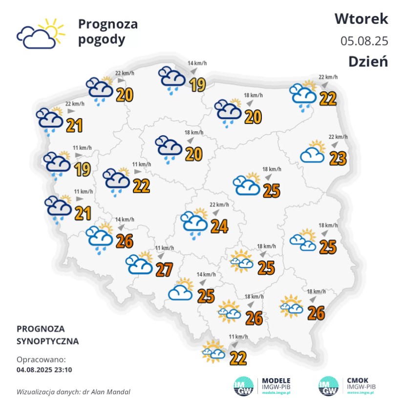 Pogoda na wtorek. Zmienna aura i możliwe burze 2 Pogoda na wtorek