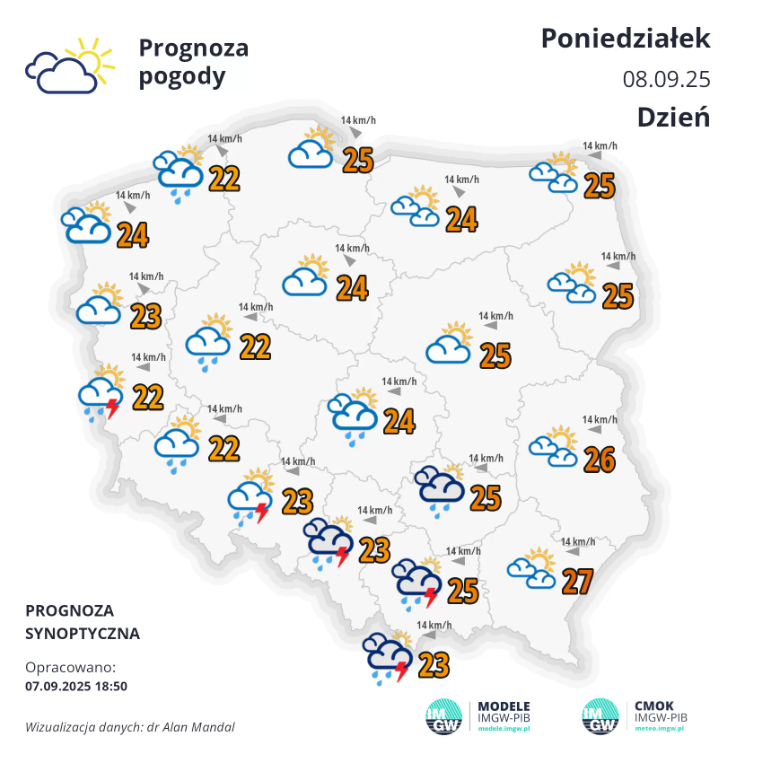 Pogoda na poniedziałek. Ciepło, ale z przelotnymi burzami i deszczem 2 Zrzut ekranu 2025 09 07 191201