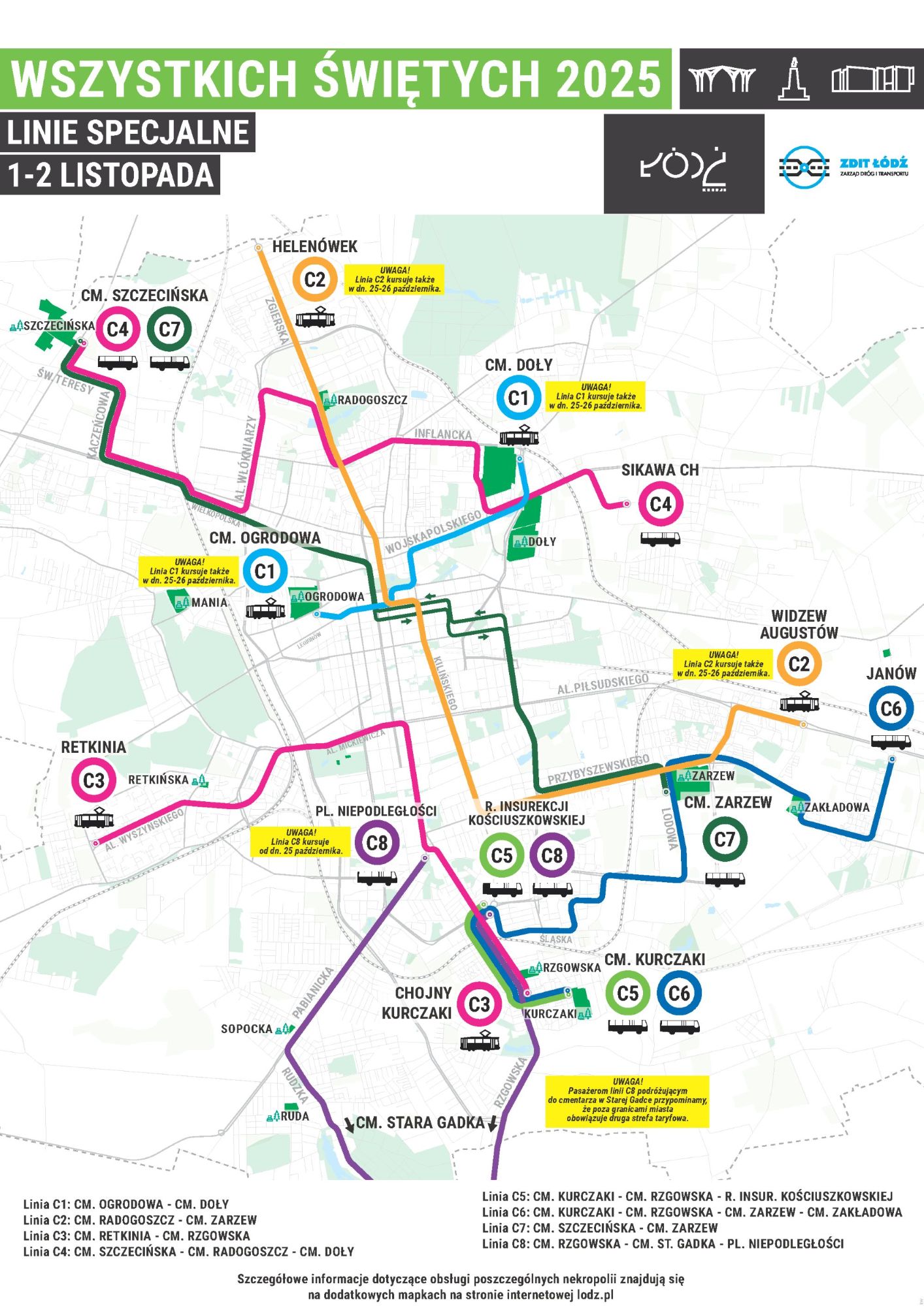 Bezpłatna komunikacja miejska w Łodzi na Wszystkich Świętych. Zwiększona częstotliwość kursów i nowe linie [MAPA]