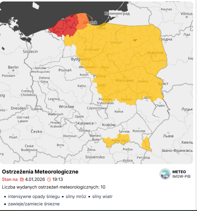 IMGW ostrzega: zamiecie śnieżne i silny mróz w województwie łódzkim. Trudne warunki na drogach 2 Zrzut ekranu 2026 01 04 192319