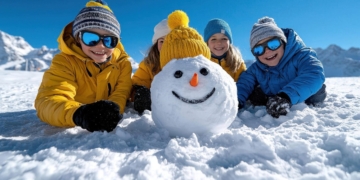 A group of friends building a snowman in a field with snow-covered mountains in the background A group of friends building a snowman in a field with snow-covered mountains in the background