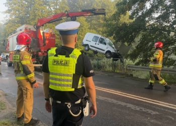 Chciał uniknąć zderzenia z sarną. Samochód wpadł do zbiornika wodnego [NAGRANIE, ZDJĘCIA]